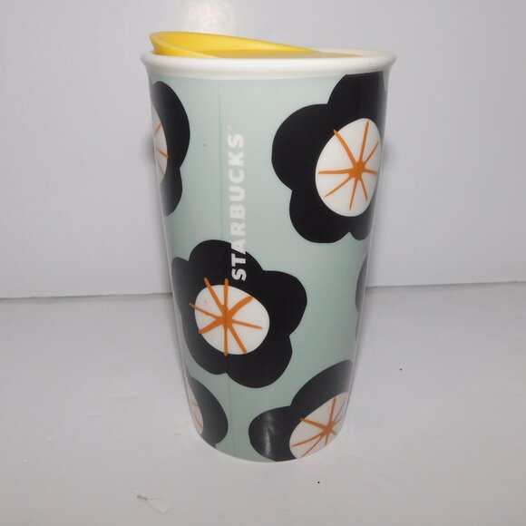 Starbucks Spring Green Black White Floral Ceramic Travel Tumbler Yellow lid - Picture 2 of 6